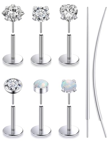 F136 Titanium 20/18/16g Internally Threaded Medusa Monroe Lip Ashley Labret Nose Rings Flat Back Tragus Helix Cartilage Conch Screw Stud Earrings Surgical Steel Piercing Jewelry for Women - color: White CZ, size: 20g*1/4in