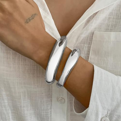 Chunky Gold Bangles for Women Gold Plated Stackable Bracelets Set Trendy Cuff Bracelets Stack Wrist Open Bangle Jewelry Gift Accessories - style: Silver