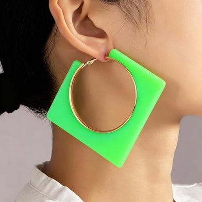 Colorful Large Hoop Earrings for Women Big Square Hollow Hoops Dangle Earrings Trendy Chunky Geometric Square Earring 80s 90s Neon Hoop Dangle Earrings - color: green