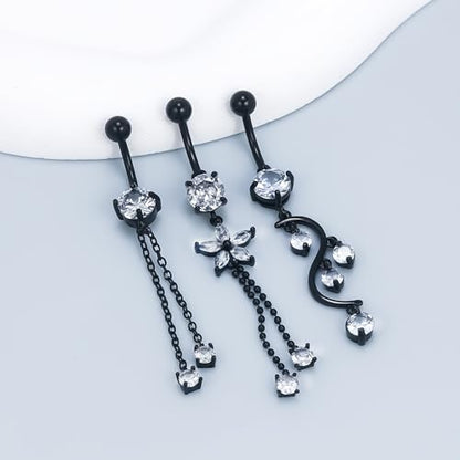 Vsnnsns 14G Dangle Belly Button Ring Piercing Jewelry 316L Stainless Surgical Steel Snake Heart Butterfly Flower Diamond CZ Navel Rings Dangling Belly Button Ring Piercing Jewelry for Women 14 Gauge - color: Black Tone