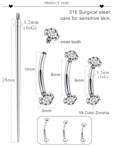 18G 16G 14G Eyebrow Ring Piercing Jewelry Surgical Steel Internal Thread Vertical Labret Lip Ring Rook Daith Earrings Belly Button Ring Piercing Jewelry for Women Men Silver Black Gold - color: Silver, size: 16 Gauge