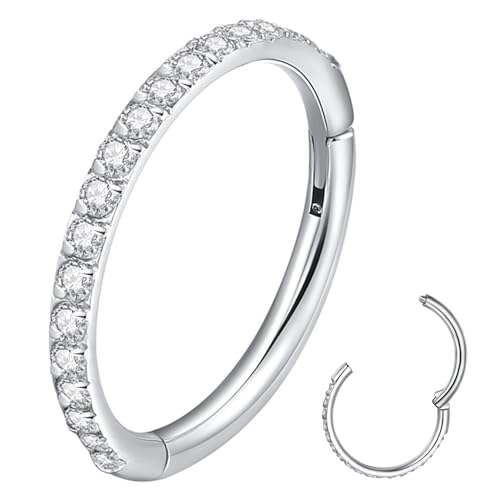ORANGELOVE 20G 18G 16G Clear CZ Nose Ring Hoop 316L Surgical Steel Seamless Silver Septum Ring Clicker Jewelry Cartilage Earring Ear Piercing Hoop Earrings for Women Men Helix Rook Lobe Conch Tragus Daith Lip Hinged Piercing Jewelry with Cubic Zirconia -