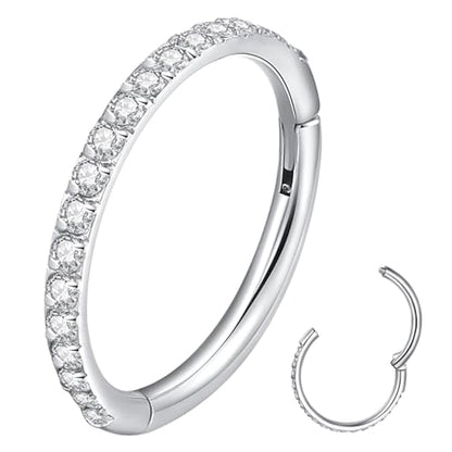 ORANGELOVE 20G 18G 16G Clear CZ Nose Ring Hoop 316L Surgical Steel Seamless Silver Septum Ring Clicker Jewelry Cartilage Earring Ear Piercing Hoop Earrings for Women Men Helix Rook Lobe Conch Tragus Daith Lip Hinged Piercing Jewelry with Cubic Zirconia -