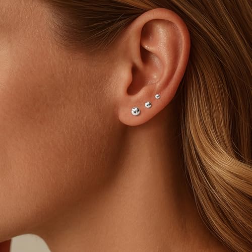 IMBOS Pearl Earrings 14k Gold Plated Daisy Flower Stud Earrings for Women Ball Stud Flat Back Earring Hypoallergenic Statement Earring Trendy Jewelry Gift for Women - color: Silver-Ball 3,4,5