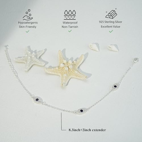 Bheop Ankle Bracelets for Women 14K Gold Silver Plated Waterproof Anklets | Evil Eye Pearl Heart Conch Shell Charm, Boho Adjustable Foot Chain, Dainty Summer Beach Jewelry Gifts, Non Tarnish - color: SL-Three Evil Eye