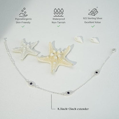 Bheop Ankle Bracelets for Women 14K Gold Silver Plated Waterproof Anklets | Evil Eye Pearl Heart Conch Shell Charm, Boho Adjustable Foot Chain, Dainty Summer Beach Jewelry Gifts, Non Tarnish - color: SL-Three Evil Eye