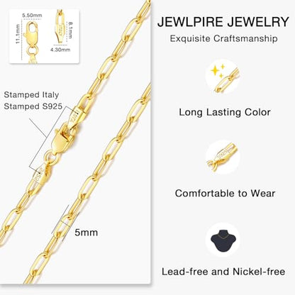 Jewlpire 14K Gold Plated 925 Sterling Silver Paperclip Chain Necklace for Women, 4mm 5mm Shiny & Sturdy Women's Chain Necklaces 16 18 20 22 24 26 Inch - color: 5mm 14K Gold Plated, size: 16 Inch