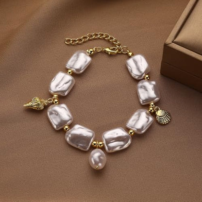 Baroque Pearl Bracelet for Women Elegant Gold Plated Irregular Chunky Pearls Bracelets Summer Starfish Seashell Conch Cuff Bracelets Jewelry for Vacation - color: white