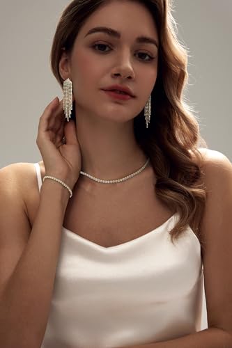 HAXIYA Tennis Necklace Bracelet for Women, Sterling Sliver Jewelry Set, Silver/Gold Chocker Necklace, Crystal Bracelet for Women, Wedding Jewelry for Bride, Sparkly Party Prom Hypoallergenic - color: Tassle Set of 3 - Gold