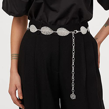 Metal Waist Chain Body Jewelry Link Belt for Women Girls - color: Leaf Silver 1, size: XL: 59 in (150 cm)