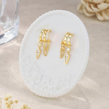 Cicy Bell Gold Earrings For Women 18k Gold Plated Triple Dangle Earrings | Hypoallergenic Drop Huggie Earrings Small Hoop Statement Chain Tassel Earrings Trendy Jewelry Gifts - color: Style C-Gold