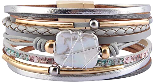 Fesciory Leather Wrap Bracelets for Women, Boho Western Layered Jewelry | Layered leather cuff bracelets, Easy on and off, Boho western style, Daily wear, Gift for women - color: Gray 2