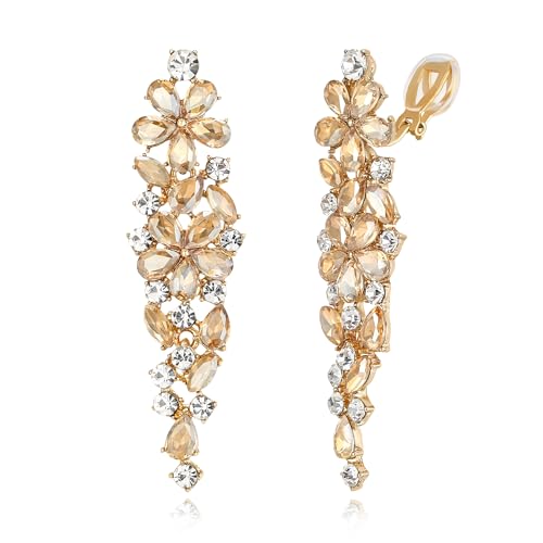 EleQueen Women's Sparkle Statement Clip-On Chandelier Earrings | Marquise Crystals Earrings for Women, Art Deco Prom Jewelry for Wedding Bride Bridesmaid - color: Brown Gold-Tone