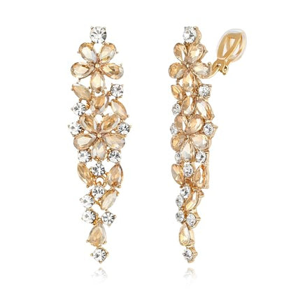 EleQueen Women's Sparkle Statement Clip-On Chandelier Earrings | Marquise Crystals Earrings for Women, Art Deco Prom Jewelry for Wedding Bride Bridesmaid - color: Brown Gold-Tone