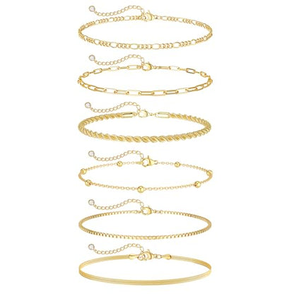 Dainty Ankle Bracelets for Women Waterproof | Layered Gold Plated Tennis Cuban Snake Rope Paperclip Beaded Link Chains Set, Summer Beach Jewelry Gift - color: Gold Anklet E