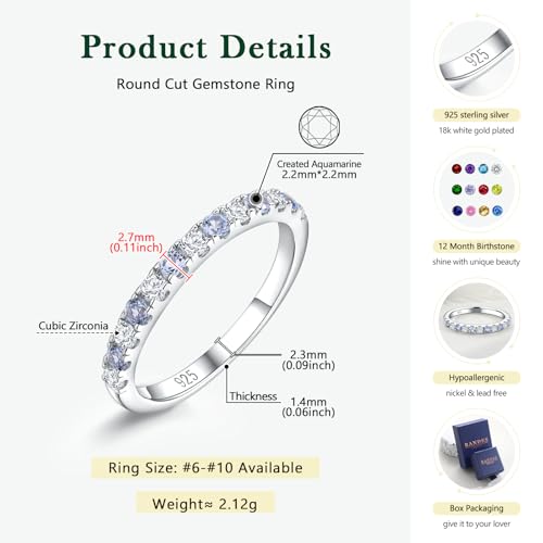 Birthstone Rings Eternity Band 925 Sterling Silver/Yellow Gold-Plated Created Gemstone Stackable Wedding Band 2.7mm Thin Half Eternity Rings for Women Size 6 to 10 - color: 03-Aquamarine-Mar.
