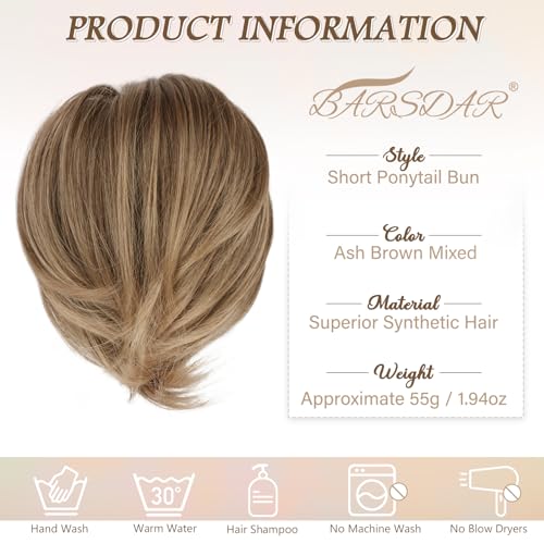 BARSDAR Brown Hair Bun Extensions - Synthetic Short Straight Ponytail Hair Bun Scrunchies - Elastic Messy Hairpieces Daily - Ash Brown Mixed - color: Ash Brown Mixed, size: 1 Count - Elastic