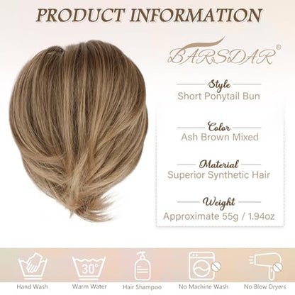 BARSDAR Brown Hair Bun Extensions - Synthetic Short Straight Ponytail Hair Bun Scrunchies - Elastic Messy Hairpieces Daily - Ash Brown Mixed - color: Ash Brown Mixed, size: 1 Count - Elastic