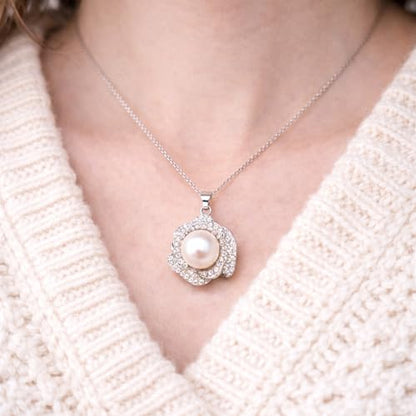 11-12mm White Freshwater Pearl Necklace for Women, Flower Pendant | White Pearl Jewelry Gift for Wife Mom Girlfriend, 16.3"+2" Adjustable Chain，Mother’s Day/Grandma's Gift