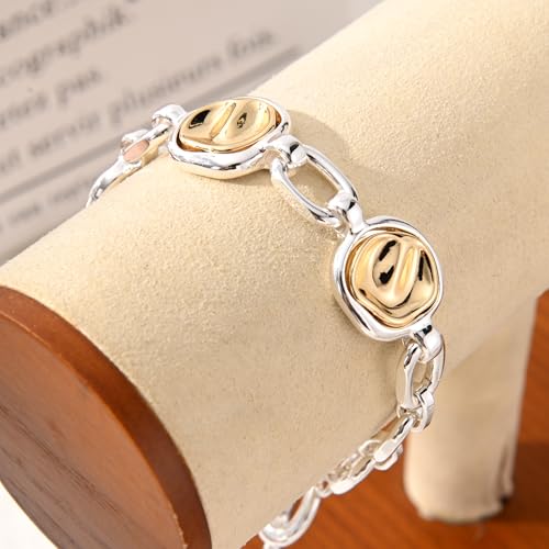 14K Gold & Silver Plated Lightweight Link Bracelet for Women | Stackable Bracelets ,14K Gold Plated Bracelets with CZ,Lightweight Trendy Chain Bracelet Jewelry Gift - style: round&silver chain