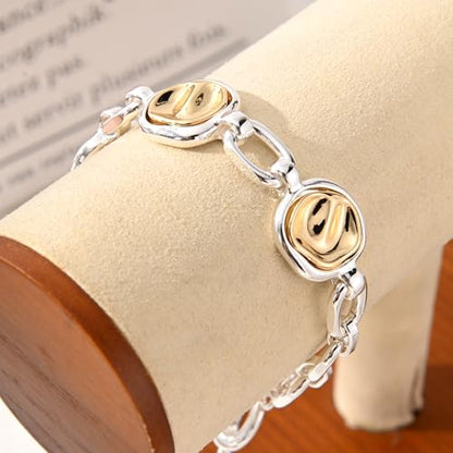 14K Gold & Silver Plated Lightweight Link Bracelet for Women | Stackable Bracelets ,14K Gold Plated Bracelets with CZ,Lightweight Trendy Chain Bracelet Jewelry Gift - style: round&silver chain