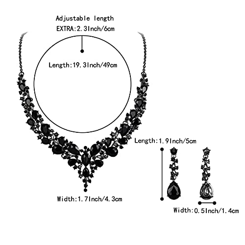 Women's Wedding Statement Necklace Dangle Earring Jewelry | Austrian Crystal Teardrop Cluster,Necklaces Earrings Set for Bride Bridesmaid,Prom Accessories - color: 02-Black Black-Tone