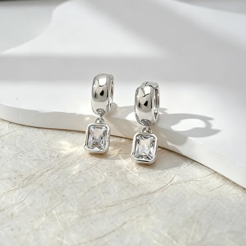 NIXMAX Trendy Gold Dangle Earrings for Women, Chunky Statement CZ Hoops | Bezel-Set Cubic Zirconia Charm, 14K Gold Plated, Lightweight Hypoallergenic Jewelry, Fashion Accessories, Gifts for Women - color: Silver-Chunky Rectangle Hoops