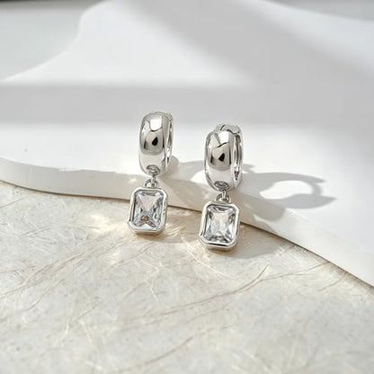 NIXMAX Trendy Gold Dangle Earrings for Women, Chunky Statement CZ Hoops | Bezel-Set Cubic Zirconia Charm, 14K Gold Plated, Lightweight Hypoallergenic Jewelry, Fashion Accessories, Gifts for Women - color: Silver-Chunky Rectangle Hoops