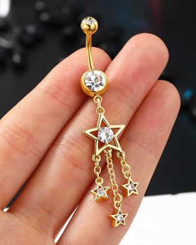 Dangle Belly Button Rings 14G Star Dangly Belly Navel Rings for Women Silver Belly Piercing Jewelry Dangling Stainless Steel - color: Gold