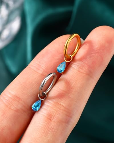 COCHARM Titanium Clicker Hoop Belly Button Ring, 8mm 14G Teardrop Belly Navel Ring, Dangling Hoop Belly Piercing Jewelry Nickel Free - color: Gold-Blue CZ