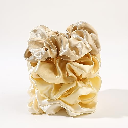 Ivyu Scrunchies for Women's Hair, Satin Hair Ties Bands, 4 Pieces, Big Scrunchies for Thick Curly Hair, Ponytail Holders, Cute Pony Tails, No Crease Hair Ties, No Damage - color: Yellow