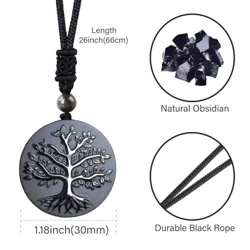 Anjiucc Natural Gemstone Tree of Life Black Obsidian/Golden Obsidian Pendant Necklace for Male and Female Necklace - color: Black obsidian
