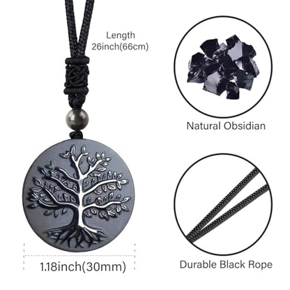Anjiucc Natural Gemstone Tree of Life Black Obsidian/Golden Obsidian Pendant Necklace for Male and Female Necklace - color: Black obsidian