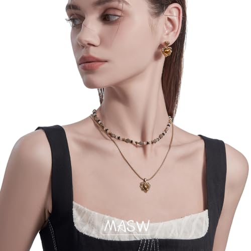 Retro temperament brown beaded collarbone chain fashionable heart-shaped tiger eye stone pendant necklace personality double layer necklace exquisite women's accessories M2730001