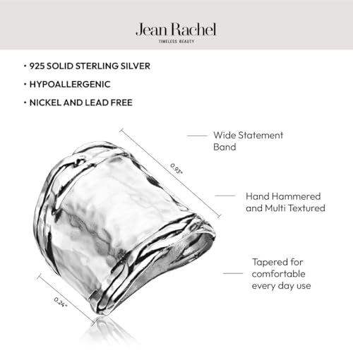 JEAN RACHEL JEWELRY 925 Sterling Silver Ring - Wide with Hammered Finish Vintage Design - Hypoallergenic, Lead & Nickel Free Jewelry - Artisan Handcrafted Statement Rings for Women