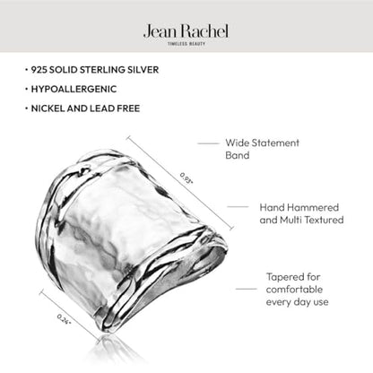 JEAN RACHEL JEWELRY 925 Sterling Silver Ring - Wide with Hammered Finish Vintage Design - Hypoallergenic, Lead & Nickel Free Jewelry - Artisan Handcrafted Statement Rings for Women