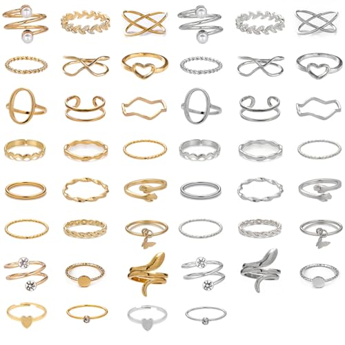 42-Piece Gold Tone Stackable Ring Set for Women, Boho Minimalist Stacking Rings with Crystal & Heart Accents, Adjustable Open Band Jewelry for Daily Wear - style: ZH00100