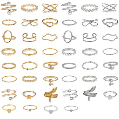 42-Piece Gold Tone Stackable Ring Set for Women, Boho Minimalist Stacking Rings with Crystal & Heart Accents, Adjustable Open Band Jewelry for Daily Wear - style: ZH00100