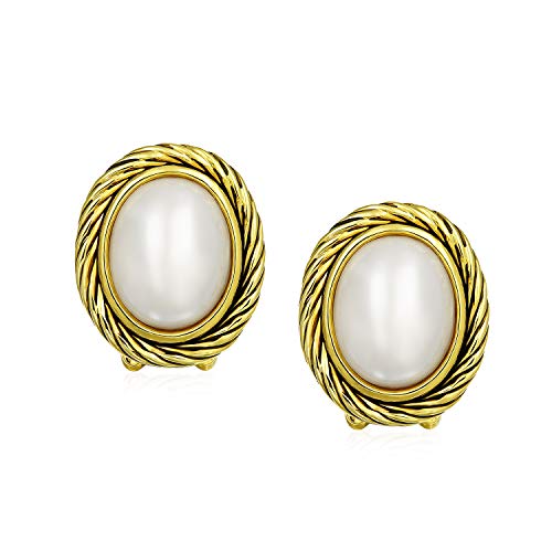 Classic White Faux Pearls Button Bezel Twist Rope Cable Clip-On Earrings For Women Oxidized 14K Yellow Gold Plated