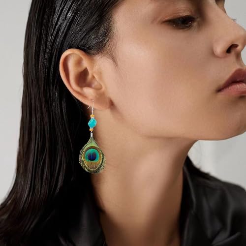 Boho Peacock Feather Turquoise Earrings for Women, Handmade Ethnic Tribal Dangle Drop Earrings with Natural Turquoise Bead, Bohemian Hippie Festival Jewelry Gift