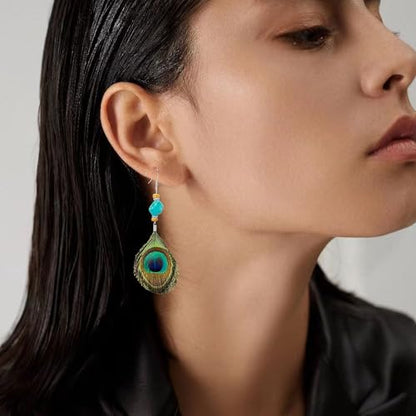 Boho Peacock Feather Turquoise Earrings for Women, Handmade Ethnic Tribal Dangle Drop Earrings with Natural Turquoise Bead, Bohemian Hippie Festival Jewelry Gift