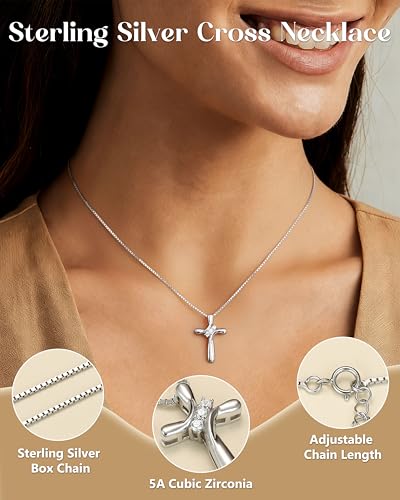 FUNRUN JEWELRY 925 Sterling Silver Cross Necklace for Women 3 Stone Cubic Zirconia Silver Cross Pendant Necklaces with 1 MM Box Chain,18 Inches