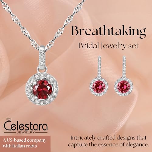 925 Sterling Silver Wedding Jewelry Set for Women - Sapphire Tone Gemstone Pendant Necklace and Stud Earrings with Cubic Zirconia Halo Design - Premium Rhodium Plated Finish - color: Red