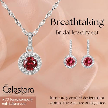 925 Sterling Silver Wedding Jewelry Set for Women - Sapphire Tone Gemstone Pendant Necklace and Stud Earrings with Cubic Zirconia Halo Design - Premium Rhodium Plated Finish - color: Red