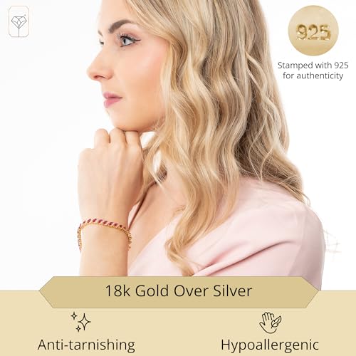 MAX + STONE 925 Sterling Silver Created Ruby Bracelet for Women | July Birthstone Ruby Bracelet | Hypoallergenic Sterling Silver Tennis Bracelets - style: Marquee Cut | White Topaz