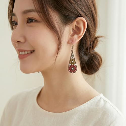 Bohemian Crystal Teardrop Dangle Earrings, Copper, Tribal Geometric Design, Handmade National Style for Women - color: Red