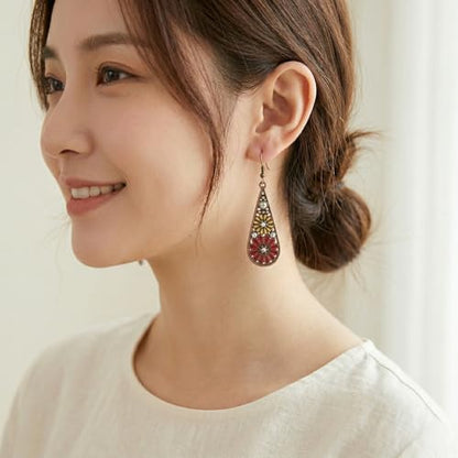 Bohemian Crystal Teardrop Dangle Earrings, Copper, Tribal Geometric Design, Handmade National Style for Women - color: Red