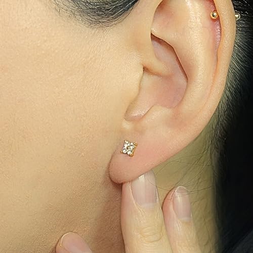 QueenBee 14K Gold Plated Ivy Flower Birthstone Stud Earrings for Women Dainty Floral Gemstone Studs Unique Jewelry Gift for Her - color: Apr-Crystal