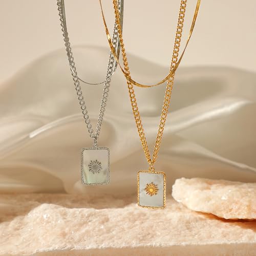 CTRLZTEAM Layered Necklaces for Women Gold Silver Snake Chain Pendant - style: Double Layer Square Shell Necklace - Silver