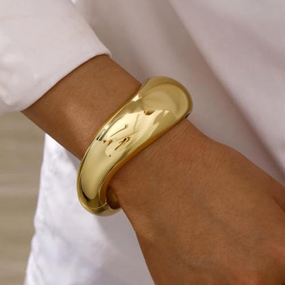 Chunky Gold Bangle Bracelets for Women, 14K Gold Plated Wide Cuff Bracelet | Stackable Open Cuff Bangles, Trendy Statement Jewelry Gift for Women - color: Gold-14